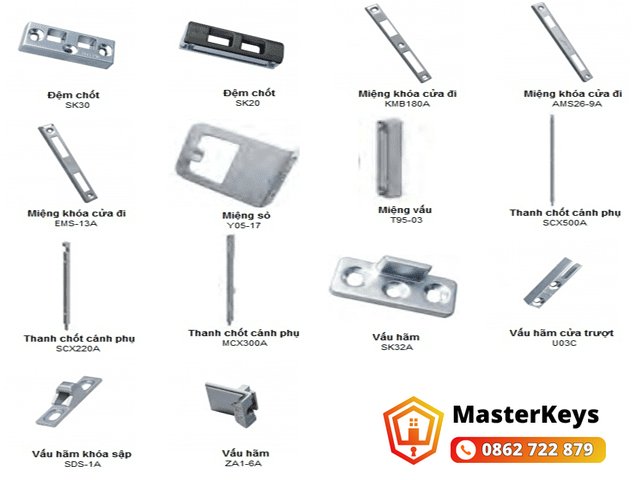 phụ kiện khóa cửa nhôm Xingfa: đệm chốt, miệng khóa, thanh chốt cánh phụ