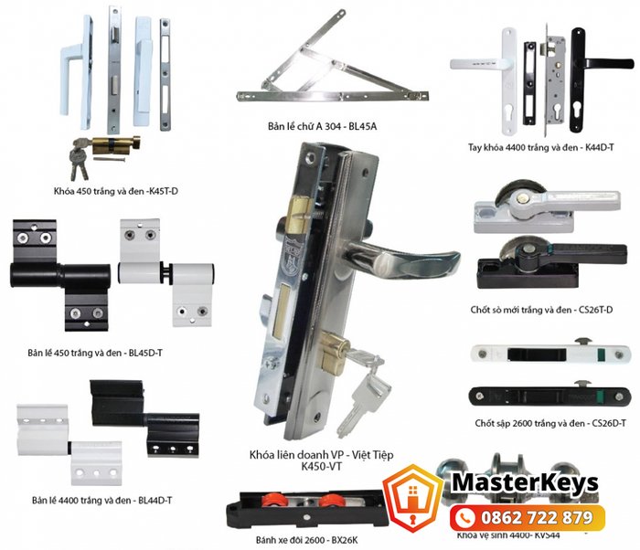 bảng giá sửa khóa cửa nhôm Xingfa: thân khóa, lõi, tay gạt, bản lề thay thế