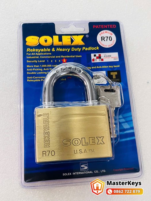 Khóa Solex chính hãng R70 thân đồng, vỉ có logo Thailand Trusted Mark